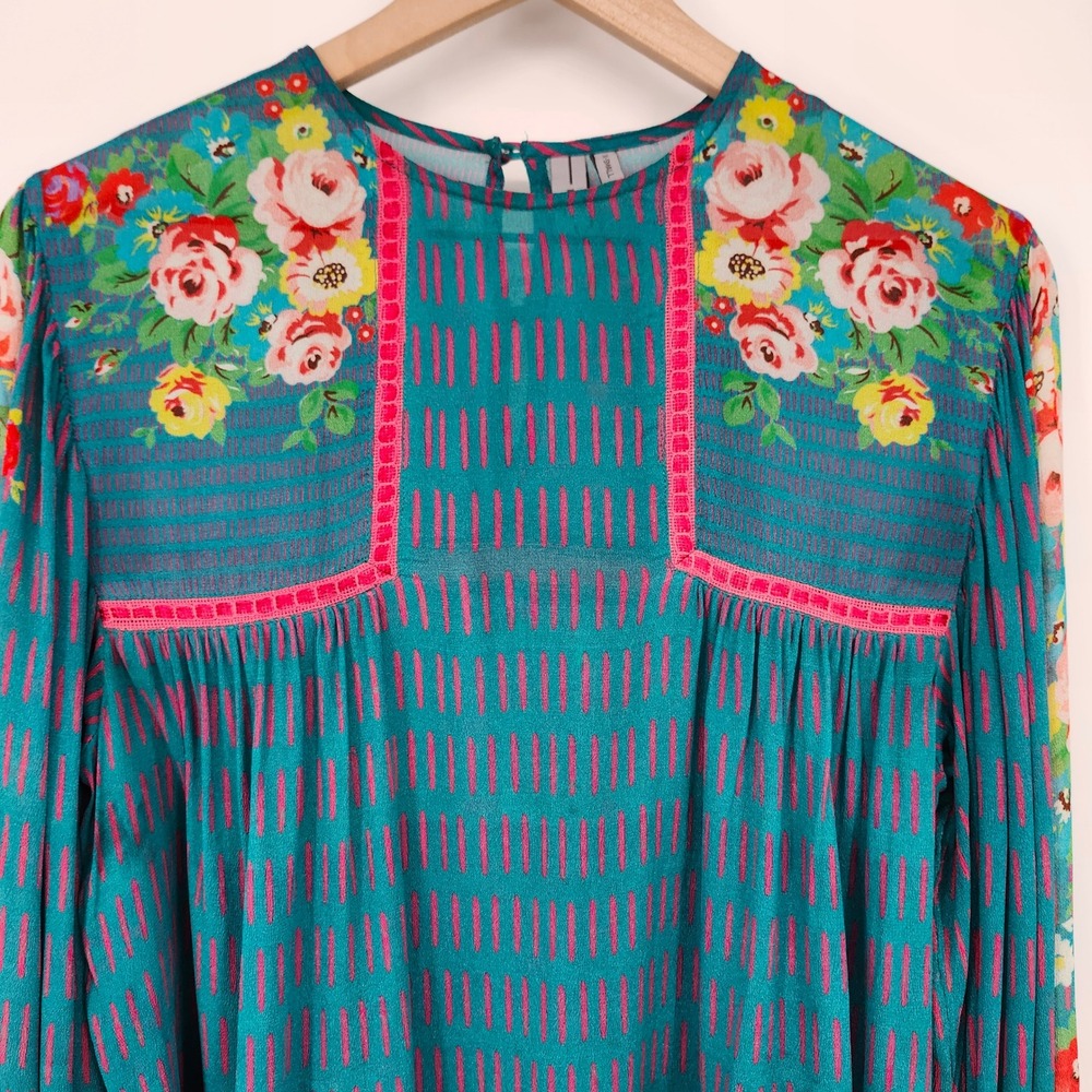 Blank London Teal Pink Boho Cottage Floral Top Women XS Whimsical Eclectic Artsy - Picture 9 of 11